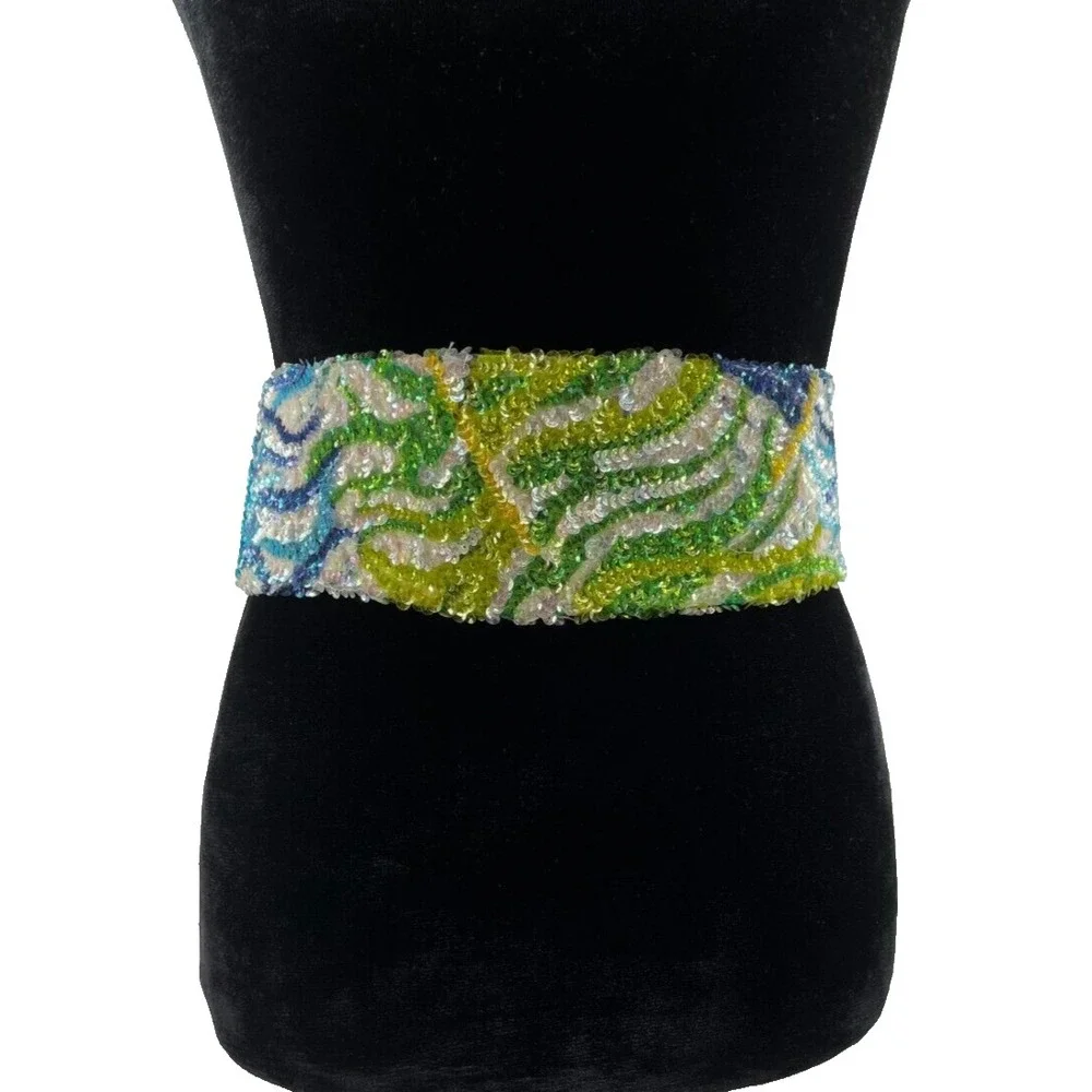 Vintage La Mendola Peacock Retro Hand Beaded Green Pure Silk Chiffon Belt